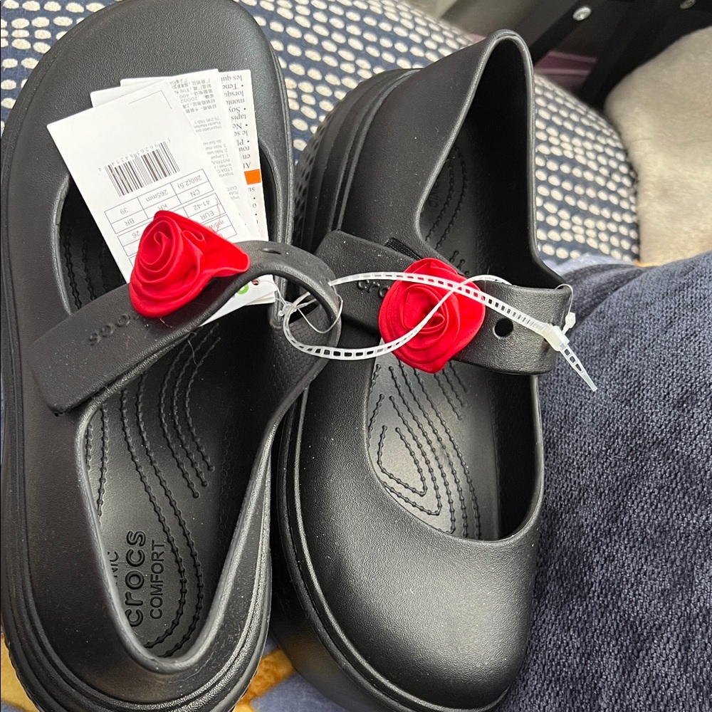 CROCS Black Flats with Red Rose Accent